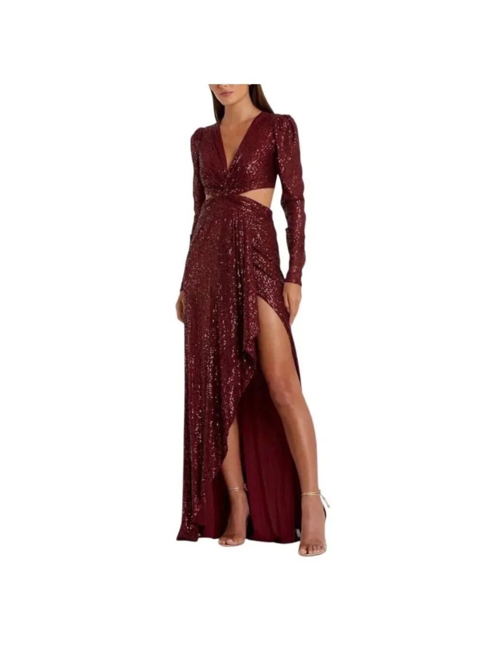 Mac Duggal 26739 Sequin Wine Criss Cross Back Cut Out Long Sleeve Gown Dress Siz